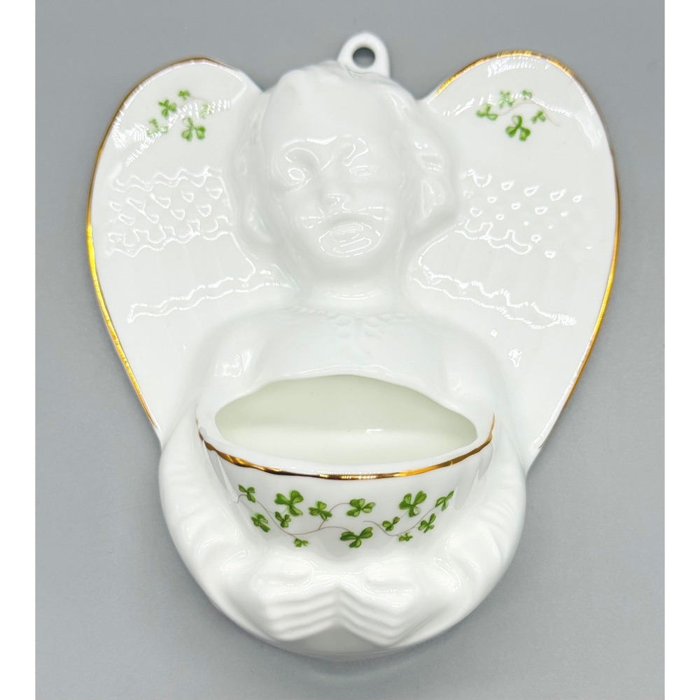 Royal Tara Angel Holy Water Font Gold Trim Shamrock Fine Bone China Ireland